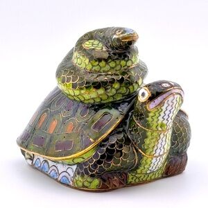 Vintage Cloisonne Enamel Turtle With Snake On Back Figure Statue